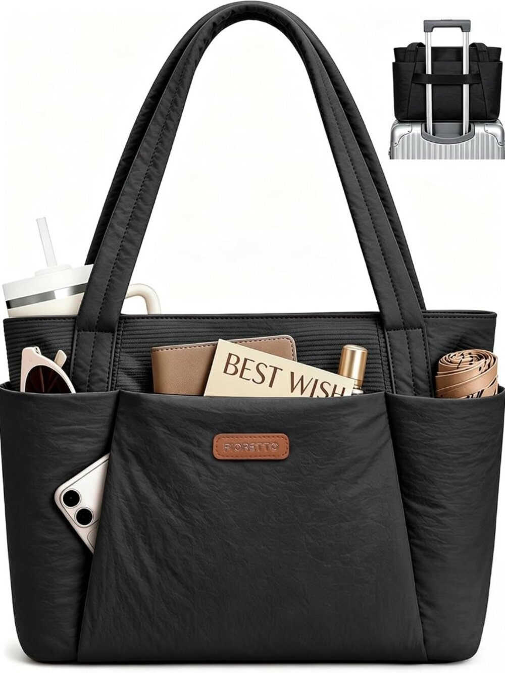 Puffer Tote Bag for Women, Work Tote Bag with Laptop Compartment, Zipper & Pocke